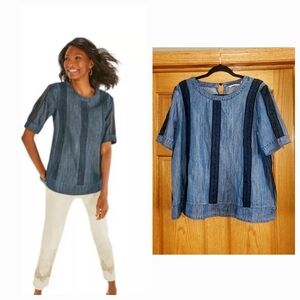Soft Surroundings Lapiza Crochet Stripe Chambray Top Dark Wash Blue Denim Sz XL